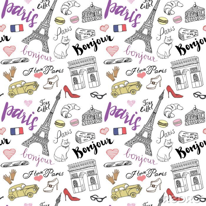Sticker  Paris, seamless, modèle, à, main, dessiné, croquis, éléments, -, eiffel, tour, triumf, voûte, Dessiner, doodle, vecteur, Illustration, isolé, blanc