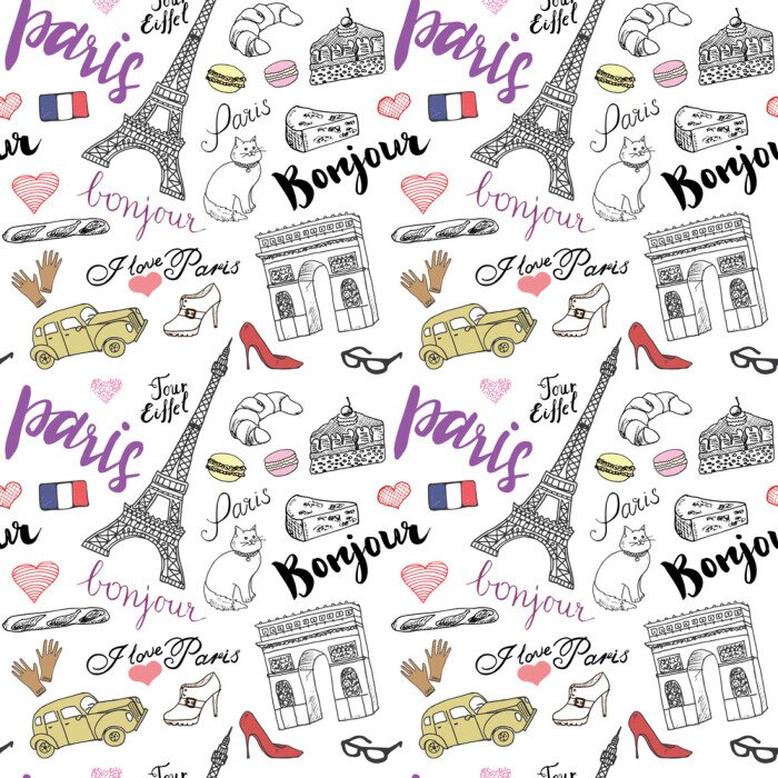 Sticker  Paris, seamless, modèle, à, main, dessiné, croquis, éléments, -, eiffel, tour, triumf, voûte, Dessiner, doodle, vecteur, Illustration, isolé, blanc