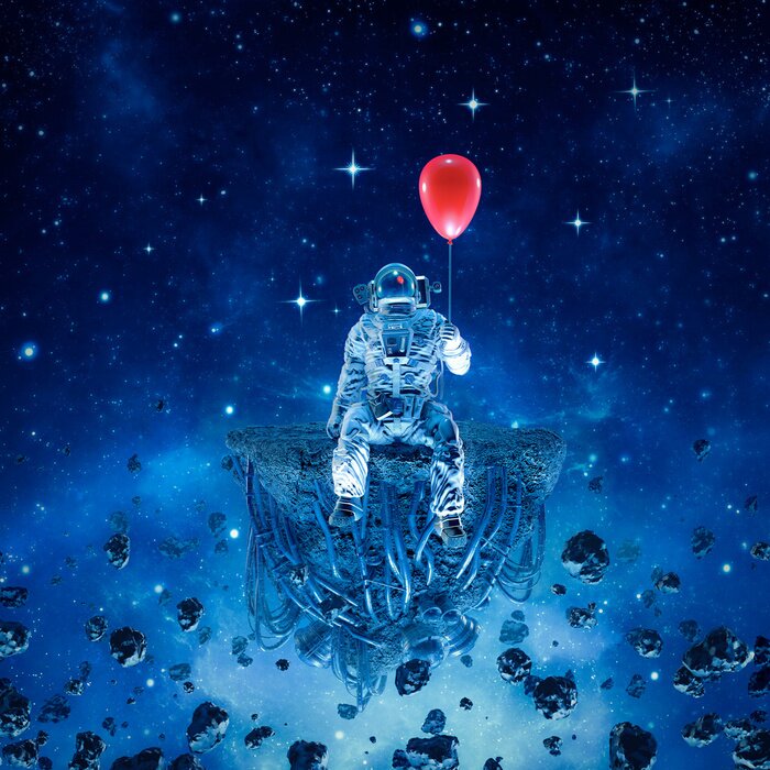 Sticker  Party of one / 3D illustration of surreal science fiction scene with astronaut sitting on artificial asteroid holding red balloon in outer space