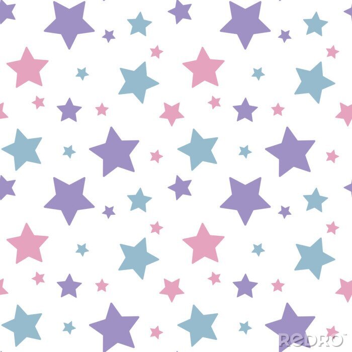 Sticker  Pastel étoiles colorées rose bleu violet sur fond blanc modèle vecteur sans soudure