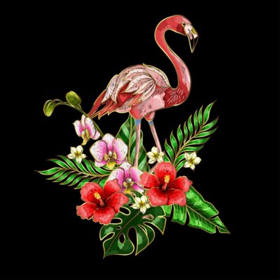 Sticker  Patchs de broderie Flamingo avec des fleurs et des feuilles tropicales.