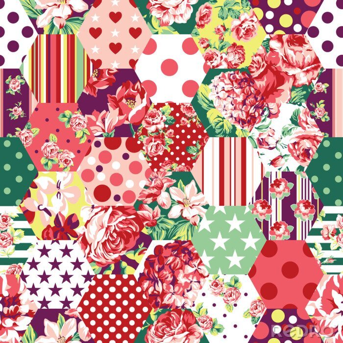 Sticker  Patchwork abstrait avec des fleurs, des roses, des points et des étoiles vecteur seamless pattern background