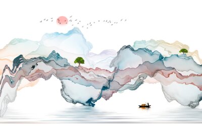 Sticker  Paysage abstrait avec la mer et des montagnes
