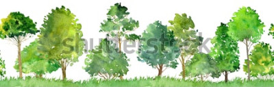 Sticker  paysage aquarelle avec arbres à feuilles caduques, pins, arbustes et herbe, modèle sans couture, fond de nature abstraite, bordure de forêt, illustration dessinée à la main