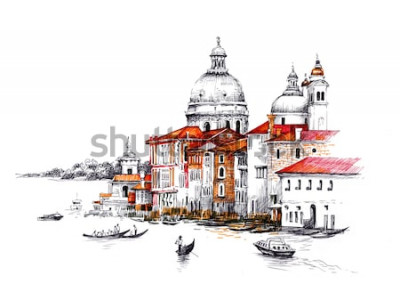 Sticker  Paysage aquarelle avec illustration de maisons