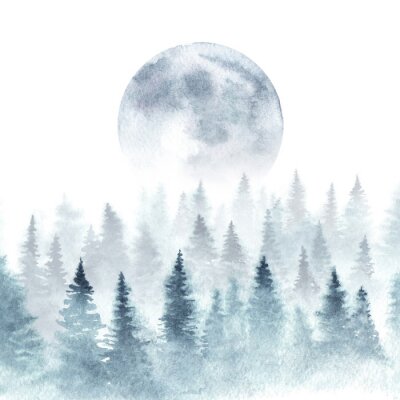 Paysage aquarellé avec la lune au-dessus de la cime des arbres