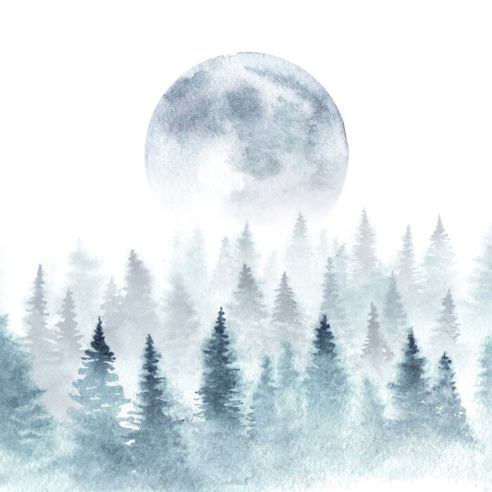 Sticker  Paysage aquarellé avec la lune au-dessus de la cime des arbres