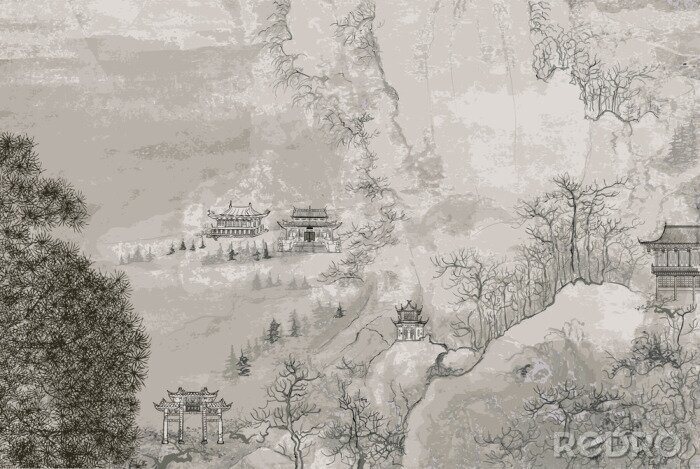 Sticker  Paysage chinois avec des fleurs de cerisier