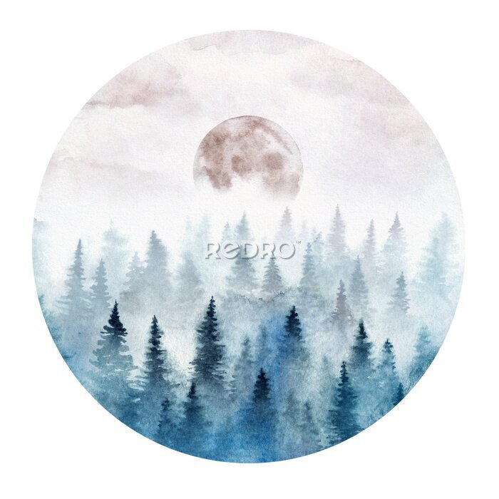 Sticker  Paysage dans un cercle avec la forêt brumeuse et la lune montante. Paysage peint à l'aquarelle.