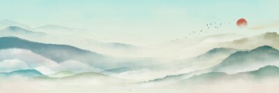 Sticker  Paysage de collines brumeuses illustration orientale