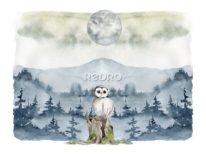 Sticker  Paysage de montagne aquarellé avec un hibou