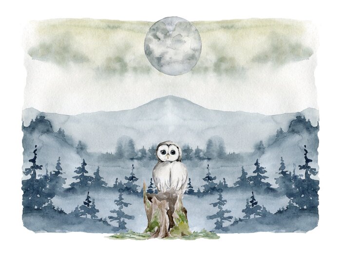 Sticker  Paysage de montagne aquarellé avec un hibou