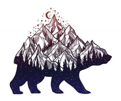 Sticker  Paysage de montagne forêt ours et nuit, double exposition, art de tatouage de la faune, style fantastique. Illustration de vecteur isolé
