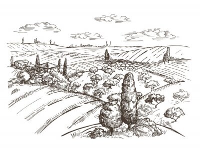 Paysage de Toscane dessiné au crayon