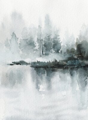 Paysage néo-noir. Bleu rivière / lac / mer / océan avec les montagnes et la forêt dans le brouillard - aquarelle dessinée à la main dans un style minimaliste. Scène pré-faite, fond.