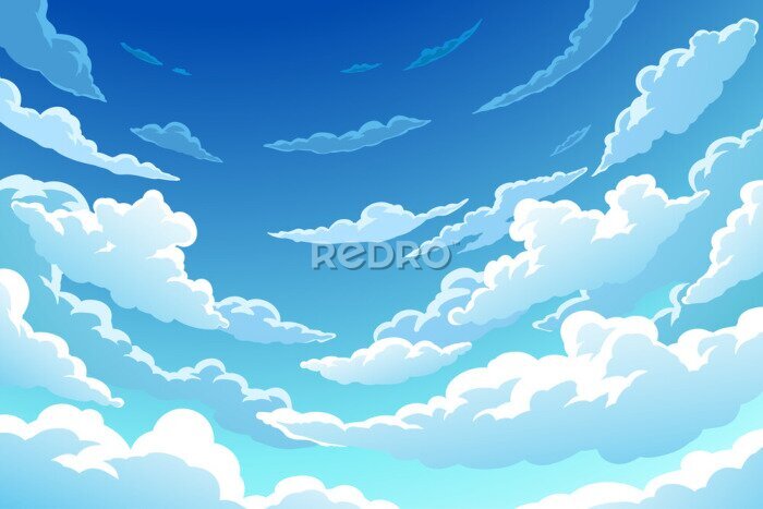 Sticker  Paysage version dessin animé avec des nuages sur un ciel bleu