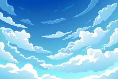 Sticker  Paysage version dessin animé avec des nuages sur un ciel bleu