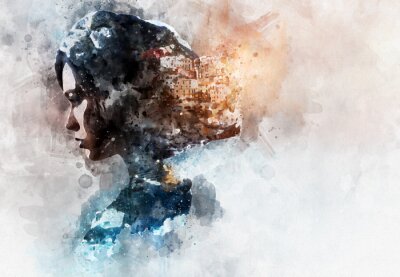 Sticker  Peinture à l'aquarelle numérique. Double exposition. Femme et vue de Manarola.