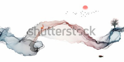 Sticker  Peinture à l'encre, paysage artistique, fond de lignes abstraites