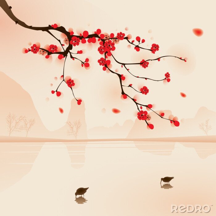 Sticker  peinture de style oriental, fleur de prunier au printemps