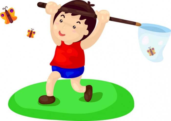 Sticker  Petit garçon attrapant des papillons au filet