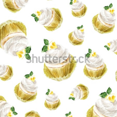 Sticker  Petit gâteau au citron à la menthe, illustration de muffins à l'aquarelle. impression d'art, croquis de mode. boulangerie gâteau sucré fruits citrus.pattern