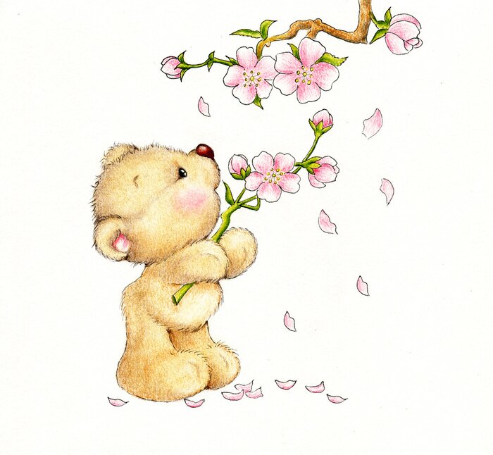 Sticker  Petit ours cueillant des brindilles fleuries