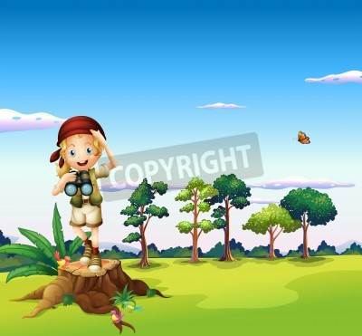 Sticker  Petit voyageur avec des jumelles sur le terrain