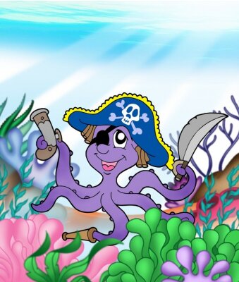 Sticker  Pieuvre pirate violette avec cache-œil