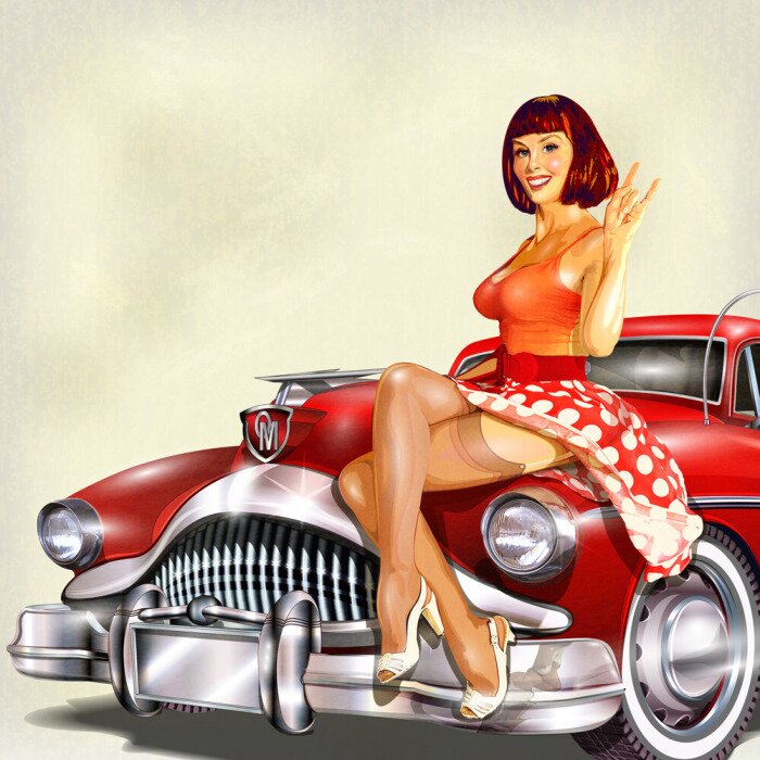 Sticker  Pin-up et voiture rétro isolée sur fond blanc