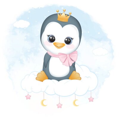 Sticker  Pingouin avec une couronne assis sur un nuage