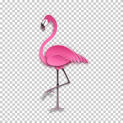 Sticker  Pink flamingo standing on one leg. African exotic bird, cool sticker for birthday cards, party invitations, for tropical design element. Summer decoration, paper cut out style, vector illustration