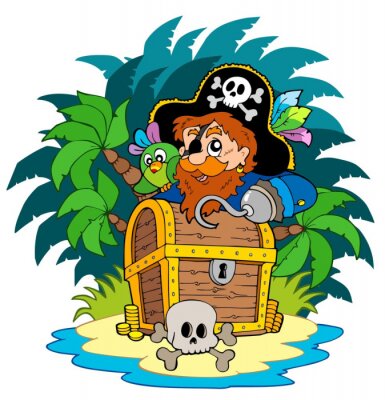 Sticker  Pirate avec coffre au trésor illustration pour enfants