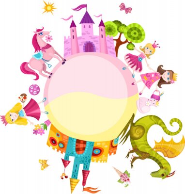 Sticker  Planète de conte de fées avec des châteaux de princesse dragons