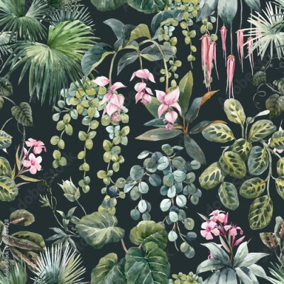 Plantes à l'aquarelle sur fond vert foncé, motif botanique