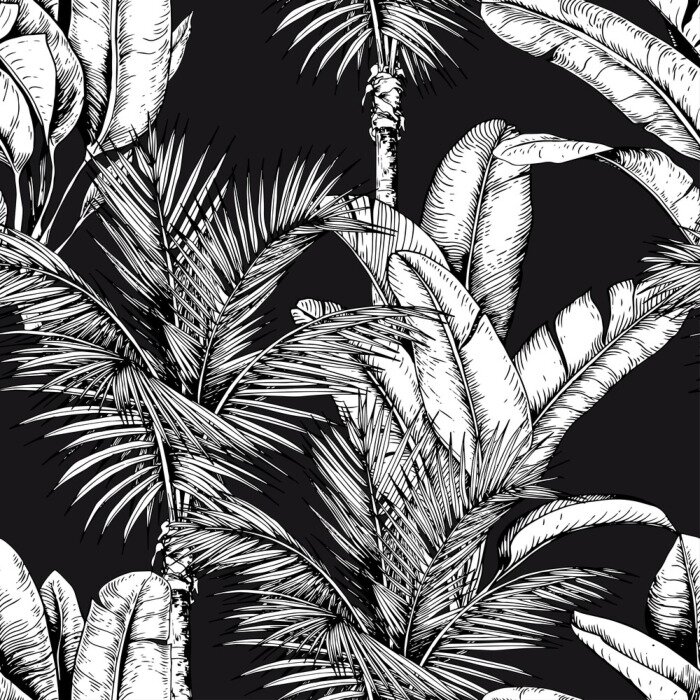 Sticker  Plantes tropicales blanches sur fond noir