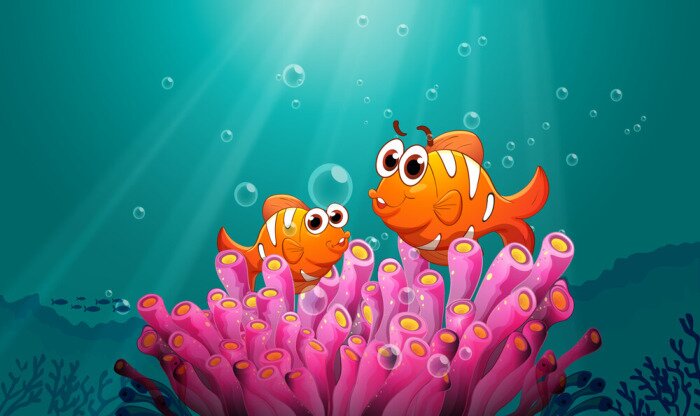 Sticker  Poisson orange par des coraux de mer rose vif