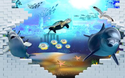Sticker  poissons 3d et animaux marins derrière le mur