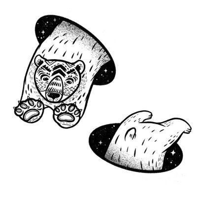 Sticker  Polar bear in magic teleport. Linear black and white drawing. Ideal for coloring print
