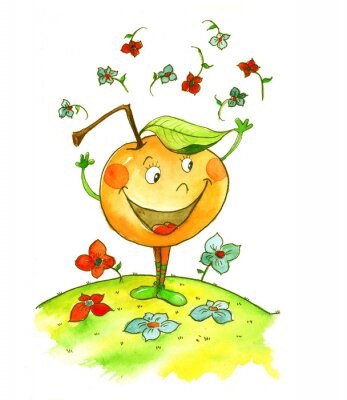 Sticker  Pomme souriante parmi les fleurs