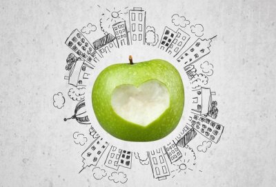 Sticker  Pomme verte entourée de bâtiments