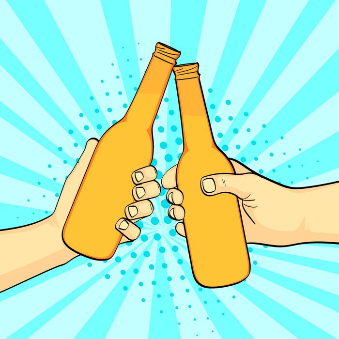 Sticker  Pop art background, summer color. Two friends knock a bottle of beer. Two beers. Imitation comic style. Raster
