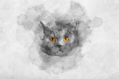 Sticker  Portrait aquarelle de chat British shorthair mignon.
