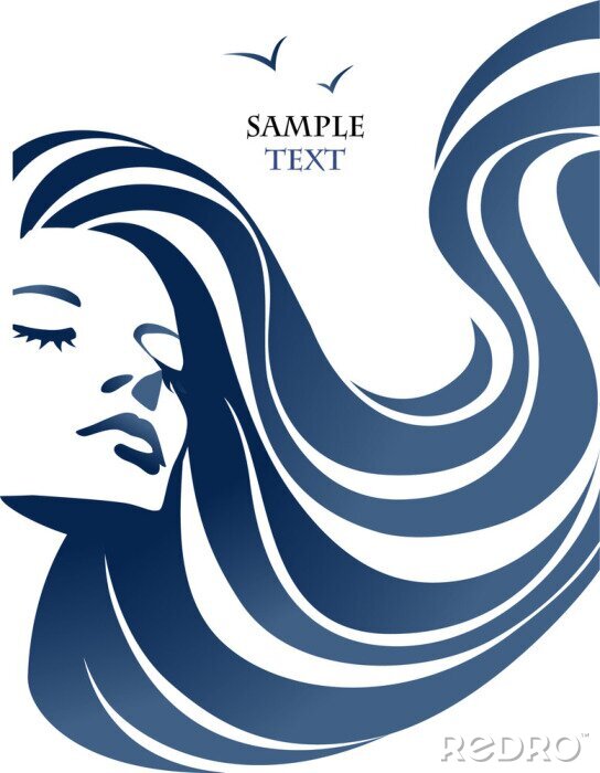Sticker  Portrait minimaliste bleu et blanc d'une femme aux cheveux longs