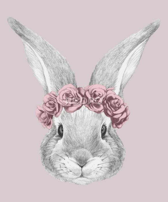 Sticker  Portrait of Rabbit with floral head wreath. Hand-drawn illustration. Vector isolated elements.	