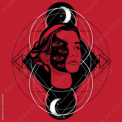 Poster  Portrait surréaliste d'une femme sur fond rouge