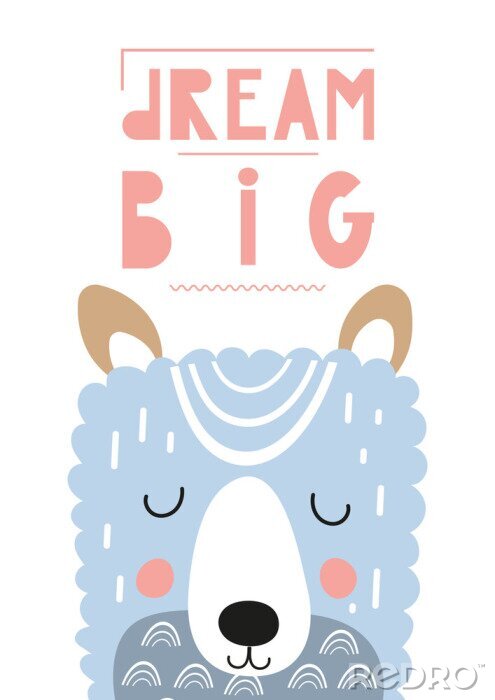 Sticker  Poster for nursery scandi design with cute llama in Scandinavian style. Vector Illustration. Kids illustration for baby clothes, greeting card, wrapping paper. Lettering Big dream.