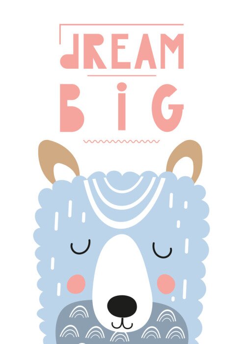 Sticker  Poster for nursery scandi design with cute llama in Scandinavian style. Vector Illustration. Kids illustration for baby clothes, greeting card, wrapping paper. Lettering Big dream.