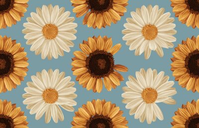 Printable sans couture automne vintage répéter de fond avec des marguerites et des tournesols. Papier peint botanique, illustration raster en super haute résolution.