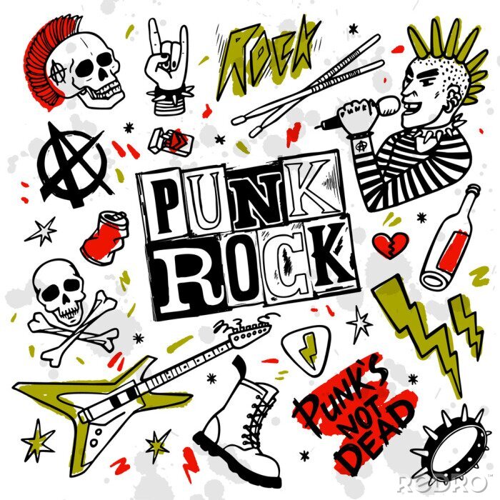 Sticker  Punk rock set. Punks not dead words and design elements. vector illustration.